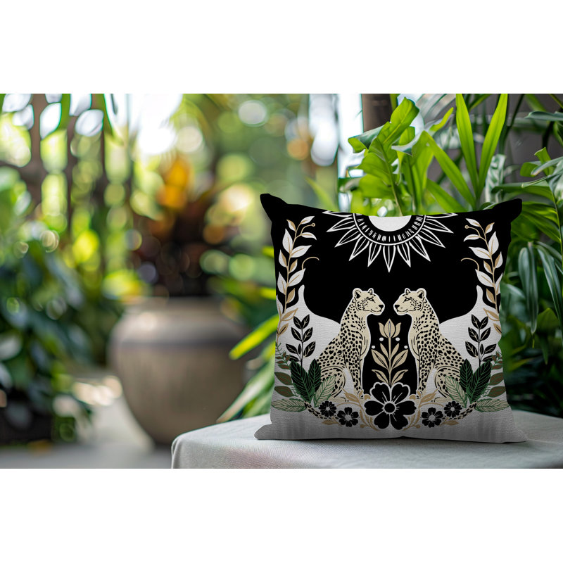 Oreiller carré réversible intérieur / extérieur Spoke Leopard, Carré 18 po, Noir
