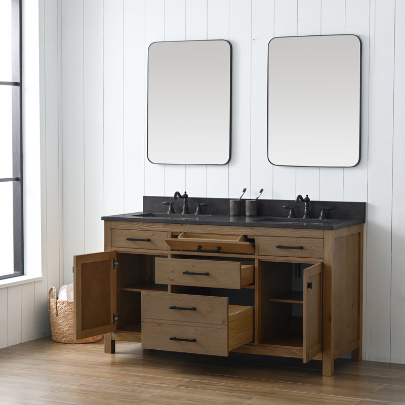 Meuble-lavabo double 60 po Ajiya, Calcaire bleu, Naturel texturé / noir mat
