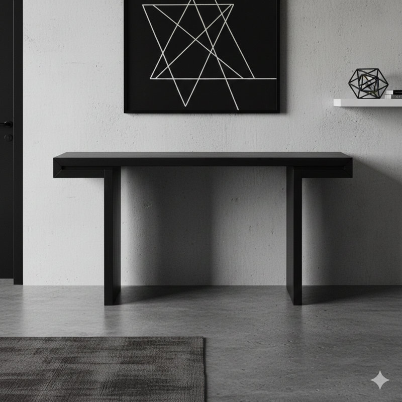 Grande console de 60 pouces avec une conception géométrique épurée, une finition peinte et des pieds réglables. Une table d'entrée élégante qui convient aux salons, aux entrées et aux couloirs.