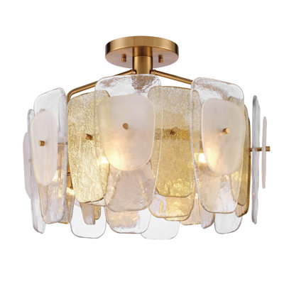 24" Strata Semi Flush in Lacquered Gold with Layers of Clear, Frosted, and Gold-Leafed Glass