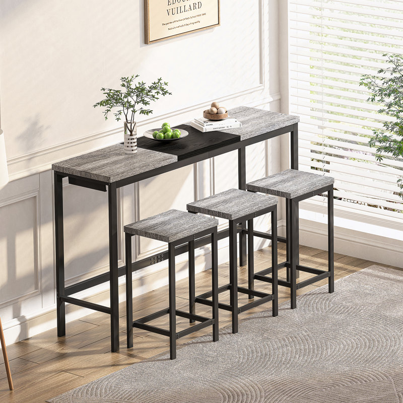 Table de salle à manger de cuisine moderne, table de pub, ensemble de table de salle à manger longue avec 3 tabourets, conception de tabouret suspendu pratique, gris et noir