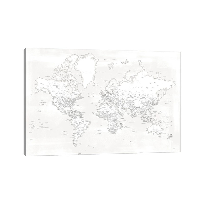 Detailed World Map Maeli White by Blursbyai - Gallery-Wrapped Canvas Giclée on Canvas, 20.32 cm H x 30.48 cm W, Canvas