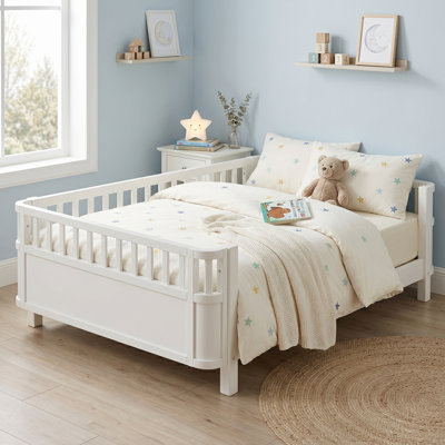 Full Montessori Floor Bed with Removable Safety Guardrails, Solid Wood Kids Daybed, Low Profile Toddler Bed Frame with Curved Side Panels for Bedroom & Playroom, White