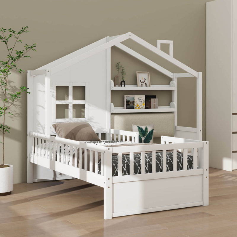 Lit simple avec canapé, lit plateforme pour enfants avec deux tiroirs et tablette de rangement, Blanc