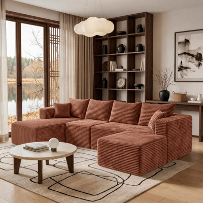 Canapé modulaire en U modulaire en forme de U, canapé en flanelle rembourré avec repose-pieds et ressorts ensachés, canapé modulaire à compression avec 5 coussins sans assemblage requis, brun