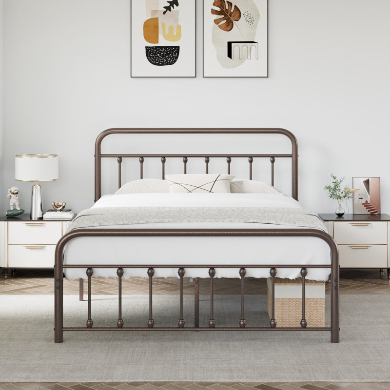 Base de lit grand avec tête de lit et pied de lit Kempst, cadre de lit plateforme en métal classique, sommier avec support à lattes en métal robuste, aucun sommier requis, silencieux