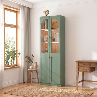 70.9"H Bookcase with Glass Doors and Wooden Doors, Bookshelf with 5 Shelves and Light Strips