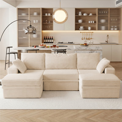 107"W Boneless U-Shaped Sectional Sofa, Cloud Modular Corduroy Couch with Chaise, 2 Ottomans & Hidden Storage, Extra Deep Seat Corner Sofa, Minimalist Living Room Furniture, Easy Assembly Required