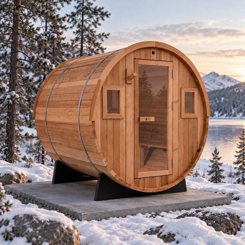 Sauna extérieur en baril - Chauffe-eau Wi-Fi 8kw avec 6 personnes Harvia Spirit