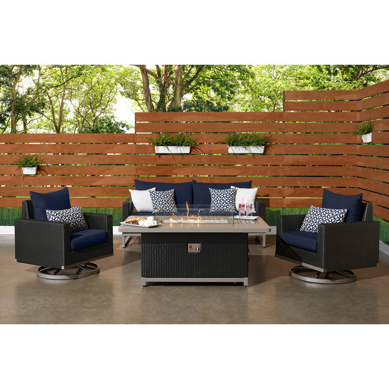 Milo Motion 4 Piece Rattan Sunbrella Sofa Set with Cushions, Canvas Navy Sunbrella® Canvas, Brown