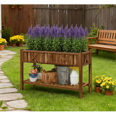 Dual-Tier Elevated Wood Planter Box,Raised Garden Bed,With Storage Shelf,Drainage Holes,And Liner