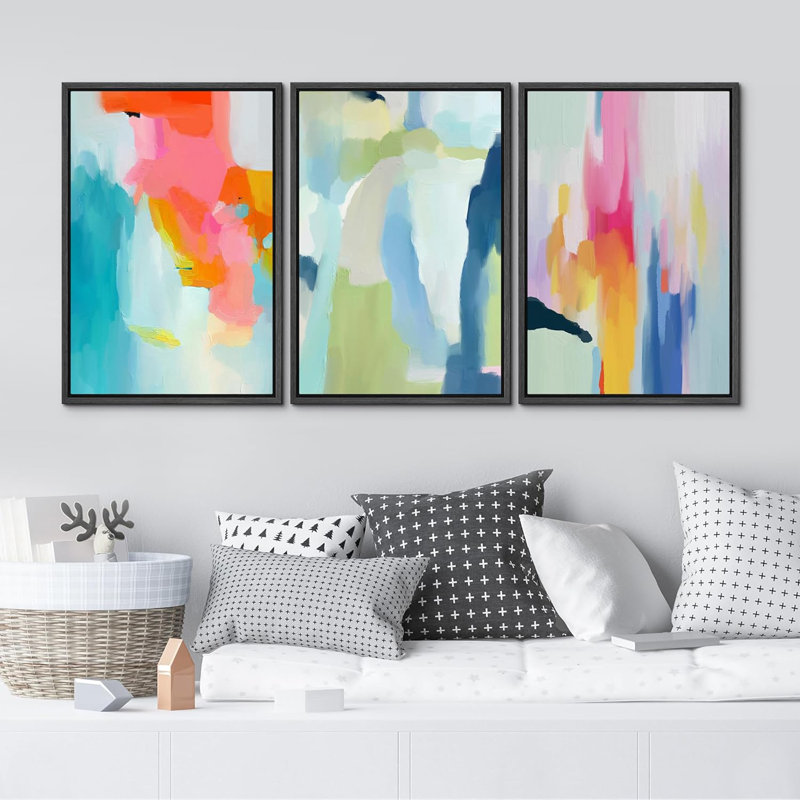 «Colorful Colorful Blue», reproduction sur toile encadrée de 3 pièces, H 36 po x l 24 po x P 1,5 po, Noir