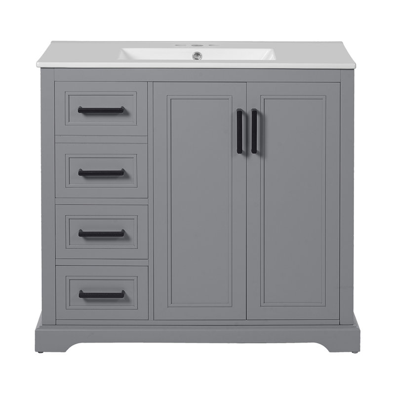 Meuble-lavabo moderne 36 po avec lavabo en céramique, porte à fermeture douce, tablette réglable et 3 tiroirs, Gris