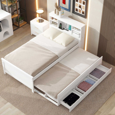 Twin Size Platform Bed With Storage Headboard, Usb, Wood Bedframe With Twin Size Trundle And 3 Drawers, For Kids Teens , No Box Spring Needed, Easy Assembly, White