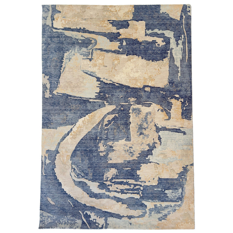 Tapis d'intérieur abstrait tissé à la machine en laine de Nouvelle-Zélande et nylon Enchanted, Bleu mer