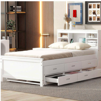 Twin Size Platform Bed with Storage Headboard, USB, Twin Size Trundle and 3 Drawers, White