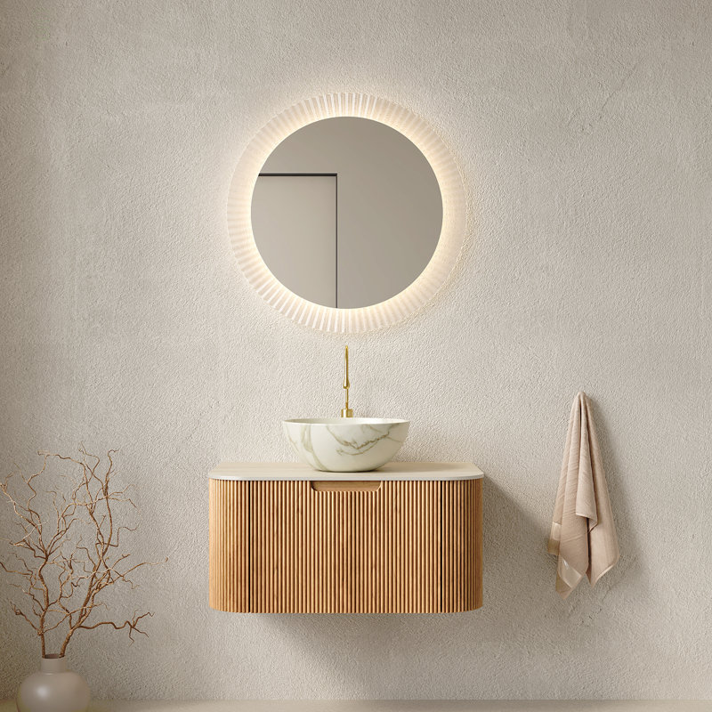 Meuble-lavabo 30 po, meuble-lavabo rayé à bords arrondis avec tiroir, cuve en céramique en céramique et plateau en pierre frittée à motif de travertin, pré-assemblé