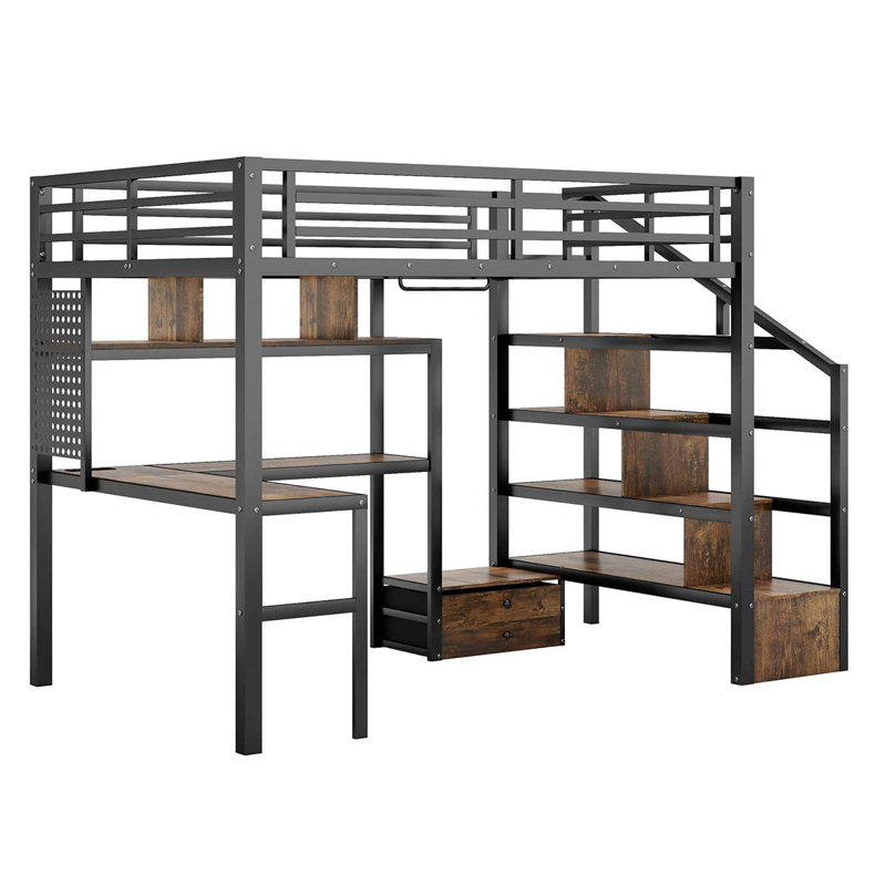 Lit mezzanine double avec lumière DEL et station de charge, lit mezzanine avec bureau et garde-robe pour enfants, Noir