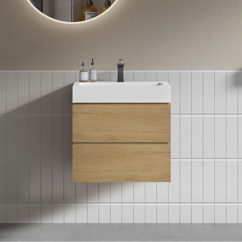 Meuble-lavabo simple mural 24 po avec surface solide avec trop-plein, 24 po, pré-assemblé, Chêne naturel, 24", Blanc