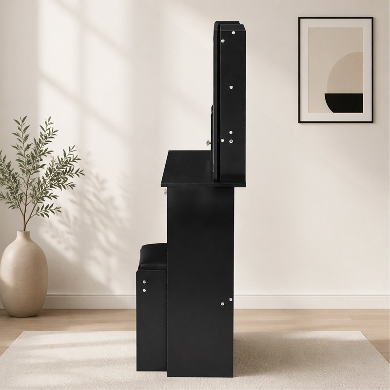 Ensemble de coiffeuse compact de 74 cm (29,2 po) avec miroir coulissant à éclairage DEL à intensité variable (3 couleurs), tiroirs à gauche et tabouret rembourré