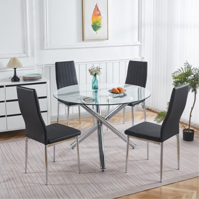 1+4,5Pieces Dining Set, Table Metal Leg Mid-Century Dining Table For 4-6 People With Glass Table Top, Pedestal Dining Table, End Table Leisure Coffee Table