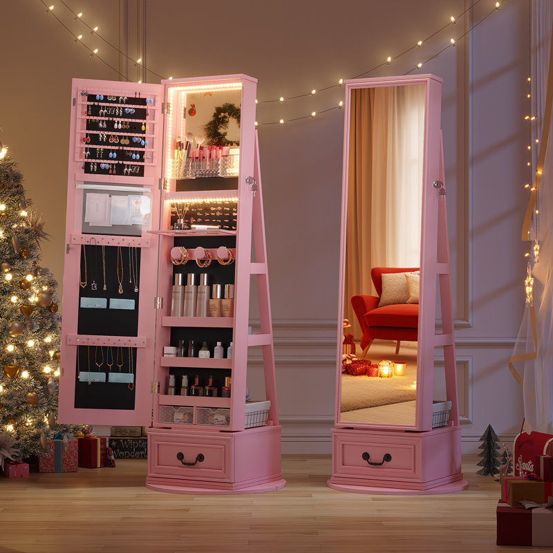 Jewelry Armoire Cabinet With Mirror, Led Lights, Rotating Storage Shelves, And Lockable Design, Pink