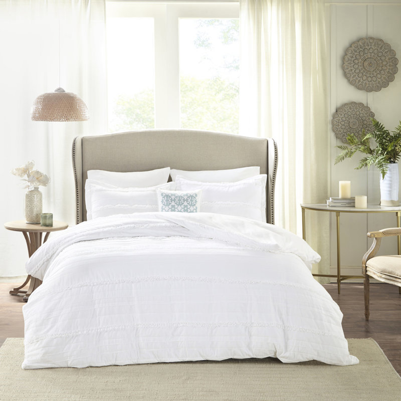Housse de couette en microfibre blanche avec détails à volants et boutons
