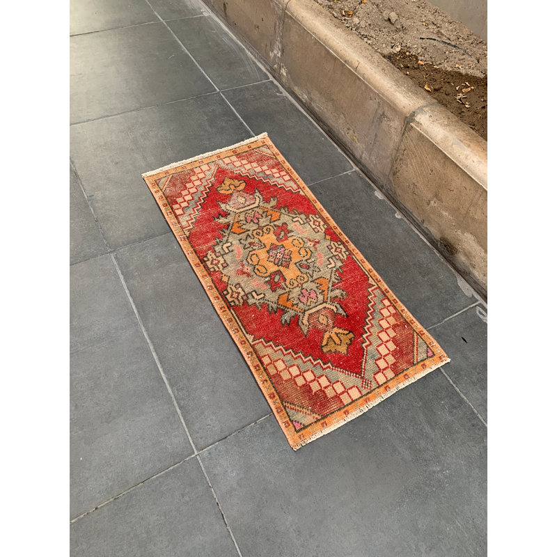Authentic Wool Rug, 17.7x37 Inch Red Patchwork Rug