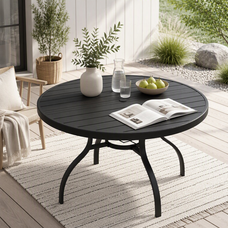 Table de salle à manger ronde noire de 119 cm (47 pouces), grande table moderne monobloc pour l'intérieur et l'extérieur, idéale pour les repas en famille, sur la terrasse ou dans le jardin.