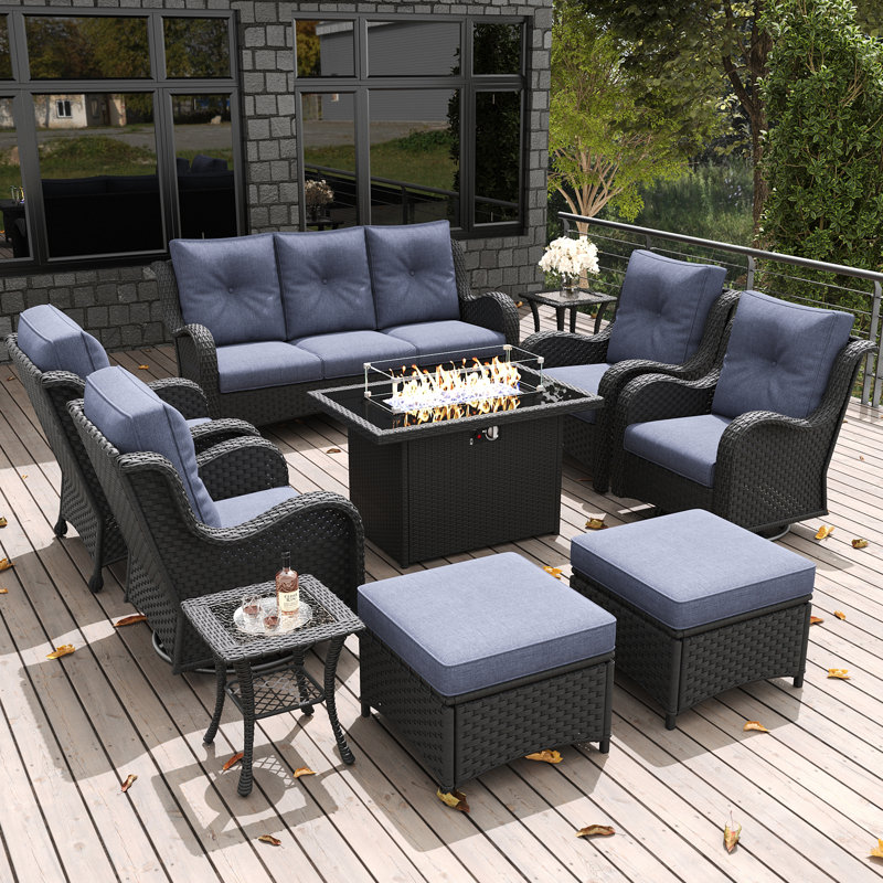 Ensemble de mobilier d'extérieur 10 pièces avec foyer 44 po LayinSun, Marine, Noir, noir, noir, noir
