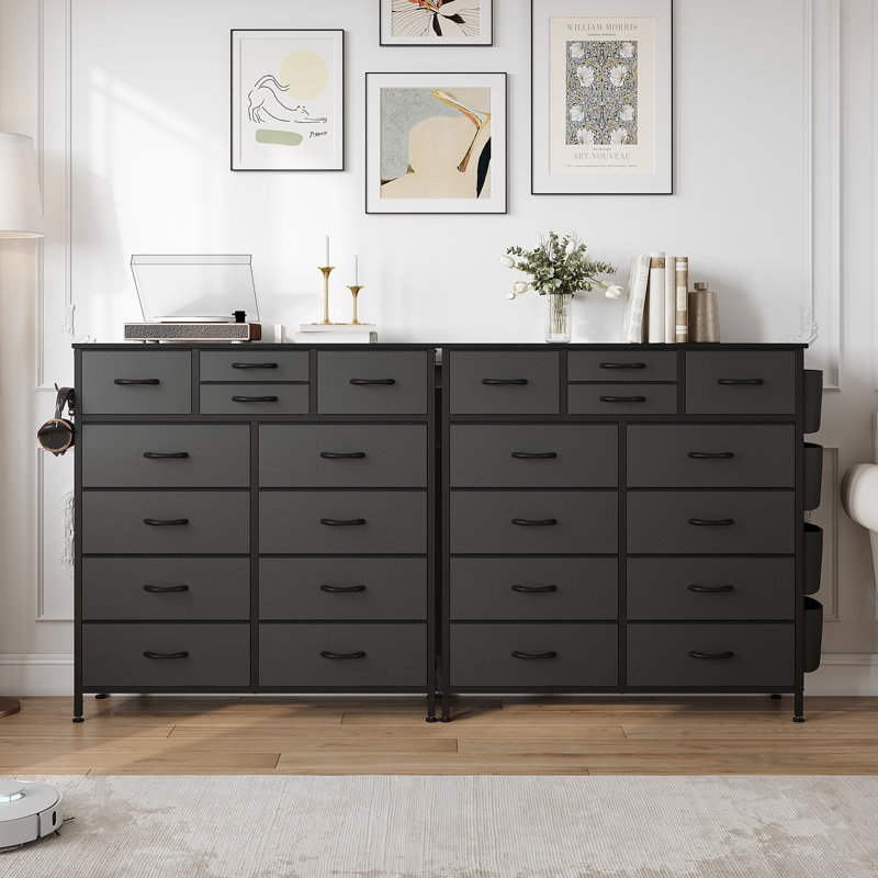 Forestine 12-Drawer Dresser for Bedroom with 4 Side Pockets and 2 Hooks, Wide Chest of Drawers with Fabric Bins & Metal Frame, Storage Organizer for Closet, Living Room, Dorm, Rustic Wood Top