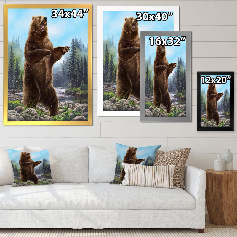 Ours debout - Peinture sur toile, Toile à cadre d'angle fermé doré, H 32 po x l 16 po