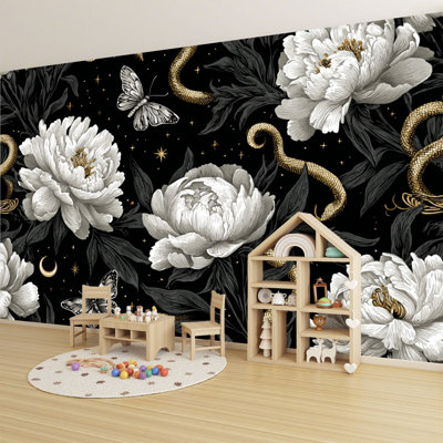 Papier peint pelez et collez, pivoines texturées, étoiles murales scintillantes, impression murale H 69 po x l 96 po, papier peint amovible en PVC, adhésif pour chambre à coucher, bureau à domicile