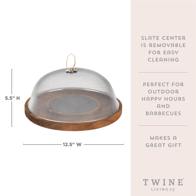 Acacia Wood and Slate Round Cheese Board with Mesh Dome Cover