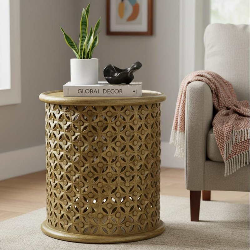 Table de bout ronde blanche sculptée