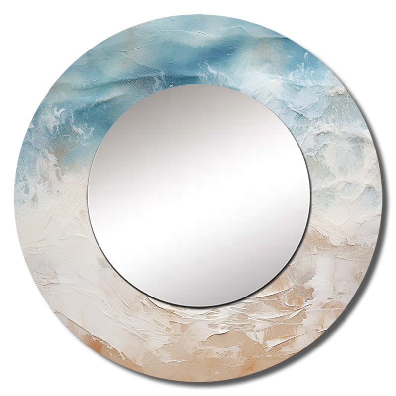 Modern Blue And Beige Sand Aerial View I - Beach Sand Large Mirror, Beige Round Unique Wall Mirror Decor, Printed Metal Art
