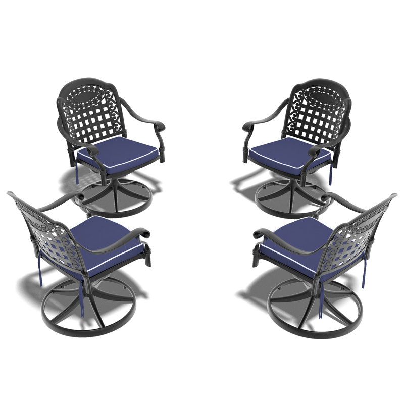 Chaise de patio pivotante en fonte d'aluminium 6 pièces avec structure noire et coussins bleus, 6