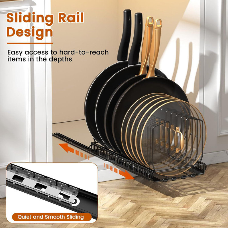 2 Pack Pull Out Pot Lid Organizer for Under Cabinet, Slide Out Pot and Pan Organizer with 10 Adjustable Dividers
