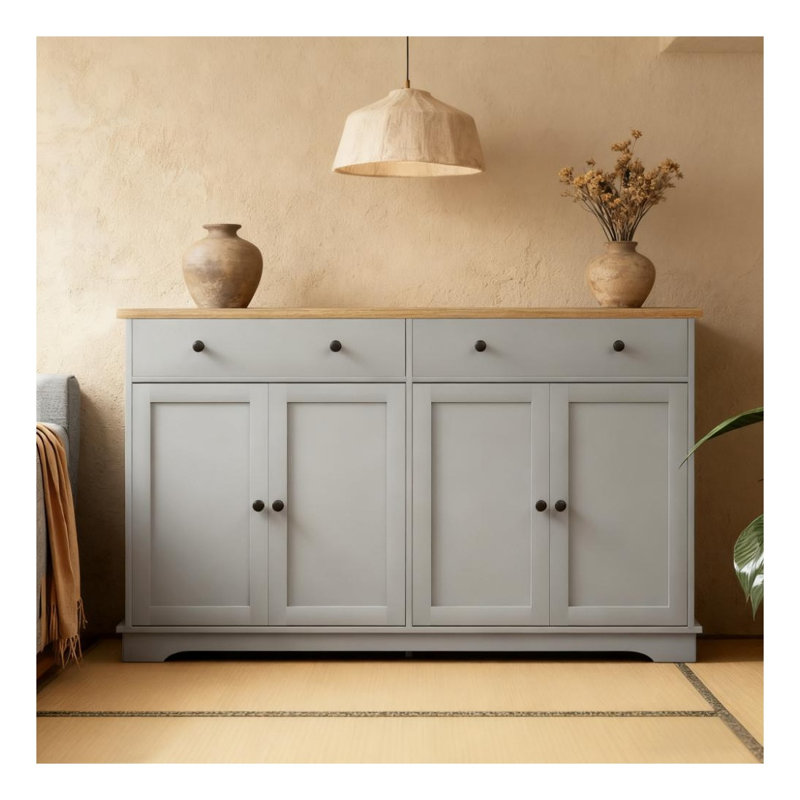 Buffet de style nordique avec tiroirs de rangement, buffet gris et chêne avec tablettes à 2 niveaux pour la cuisine ou la salle à manger
