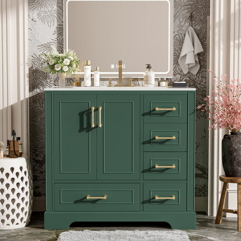 Meuble-lavabo avec lavabo en céramique / 7 portes / tiroir / tablette réglable / meuble-lavabo, Vert
