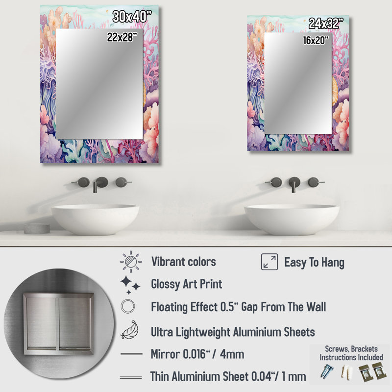 Colorful Colorful Coral Reef Heaven I - miroir mural corail, miroir décoratif rose, impression d'art en métal, 32 po x 24 po
