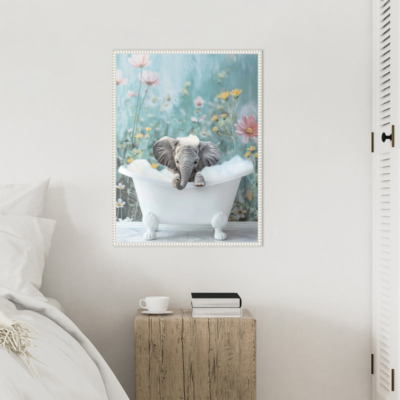 «Blue Blossom Elephant Bath» par Hostetter, impression sur toile encadrée, H 30 po x l 23 po