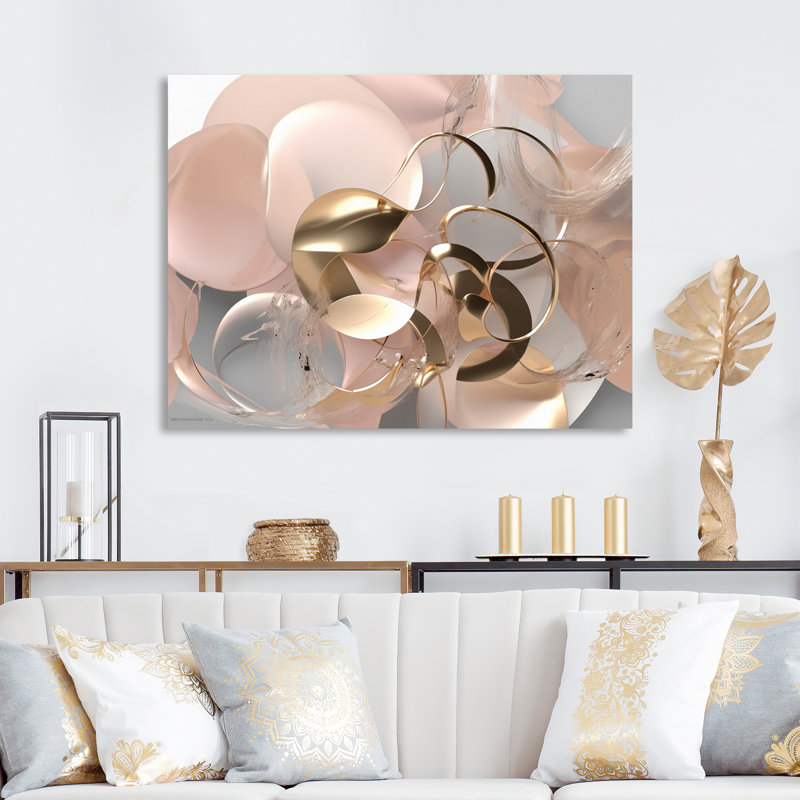Art liquide, effervescence dorée et rose - 0, art mural, H 24 po x l 32 po, Toile tendue, Sans cadre