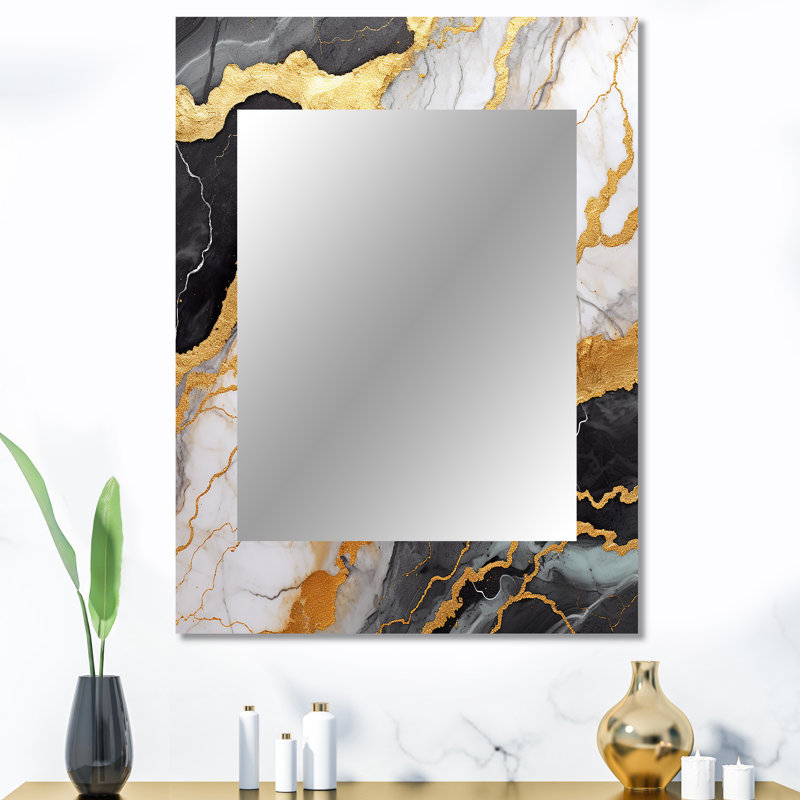 Gold And Grey Abstract Marble Mirage I - Marble Decorative Mirror, Gold Wall Mirror, Printed Metal Art, 40" x 30"