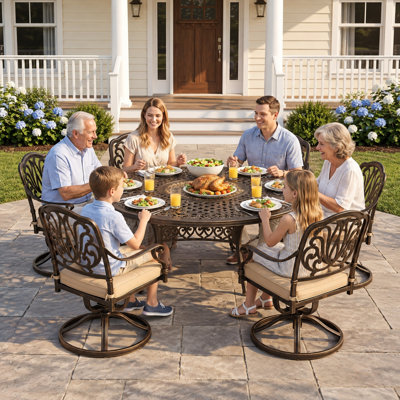 Outdoor Dining Set Cast Aluminum Retro Patio Dining Set with Thicker Cushion and Umbrella Hole for Patio Deck (Bronze Swivel Chair(Elizabeth), 7 Pcs(54" Round Table)