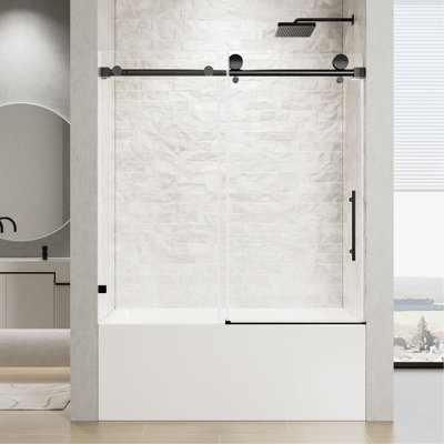 Porte de douche coulissante simple sans cadre de 56 à 60 po x H 60 po, porte de baignoire, verre trempé transparent de 5/16 po (8 mm) avec film antidéflagrant, poignée en acier inoxydable