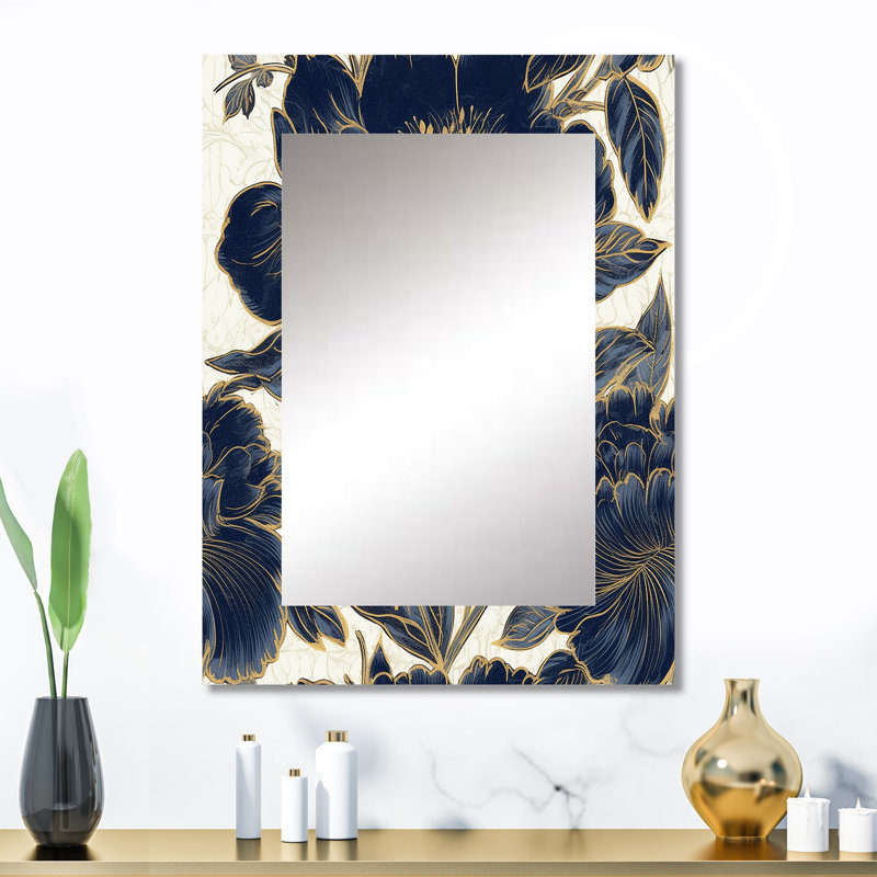 Bleu doré, pivoines célébration VI - miroir pivoines, miroir mural décoratif moderne, impression sur métal, 32 po x 24 po