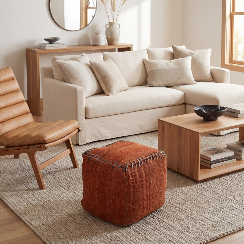 Binns Upholstered Pouf, Rust/Olive