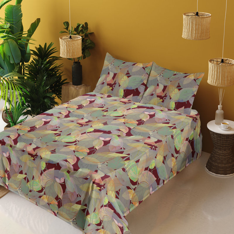 Ambesonne Watercolor Botany Sheet Set 4 Pcs Retro Boho Bloom, Dark Maroon Multicolor Floral