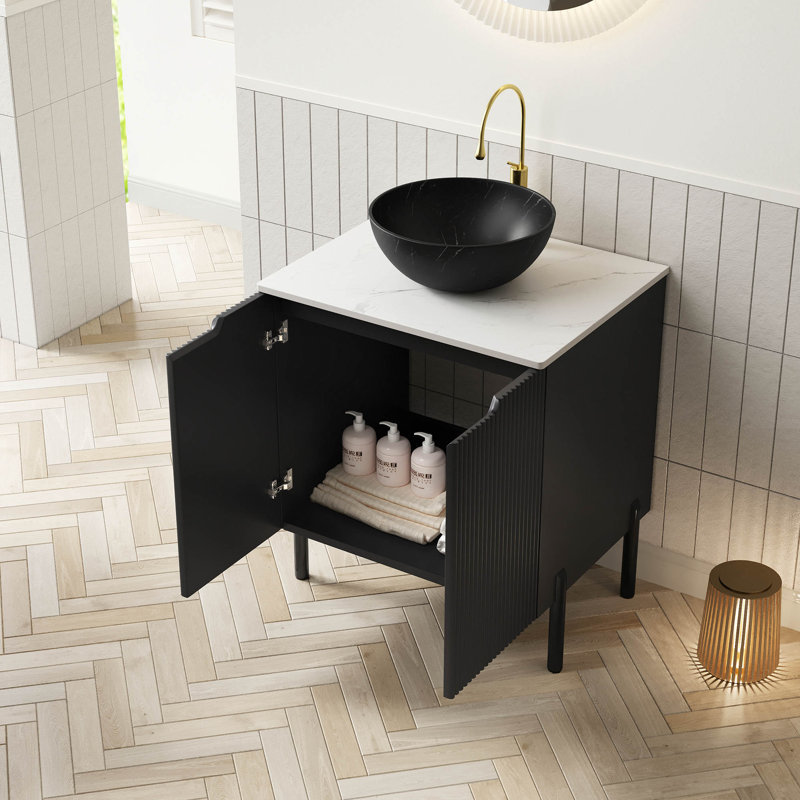 Meuble-lavabo de salle de bain 24 po avec lavabo, meuble-lavabo autoportant avec cuve en céramique à 2 portes avec motif en pierre et comptoir en pierre frittée blanc de Carrare, sans robinet
